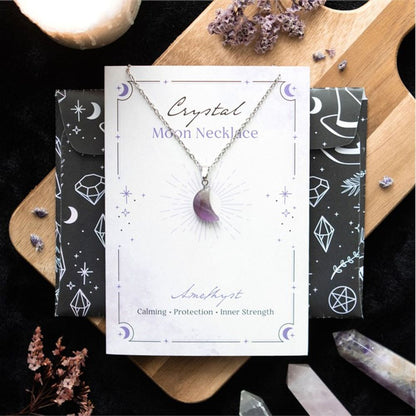 Calming - Amethyst Crystal Moon Necklace on Greeting Card